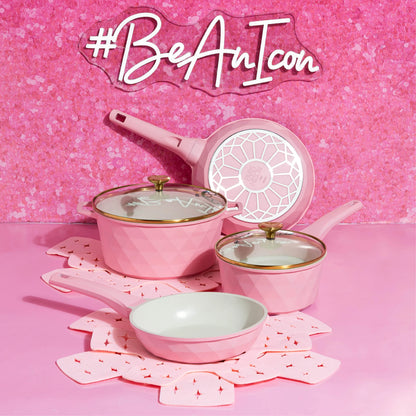 Paris Hilton 10-Piece Ceramic Nonstick Cast Aluminum Cookware Set, Clean Ceramic? Coating, Faceted Pink Design