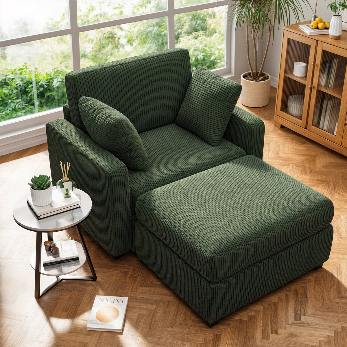 LUMIHO Chaise Lounge Chair Indoor, 42" Sleeper Chair with Two Throw Pillows and Armrests, Corduroy Chaise Couch Chair with Ottoman for Living Room, Bedroom, Apartment, Green
