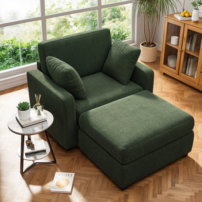 LUMIHO Chaise Lounge Chair Indoor, 42" Sleeper Chair with Two Throw Pillows and Armrests, Corduroy Chaise Couch Chair with Ottoman for Living Room, Bedroom, Apartment, Green