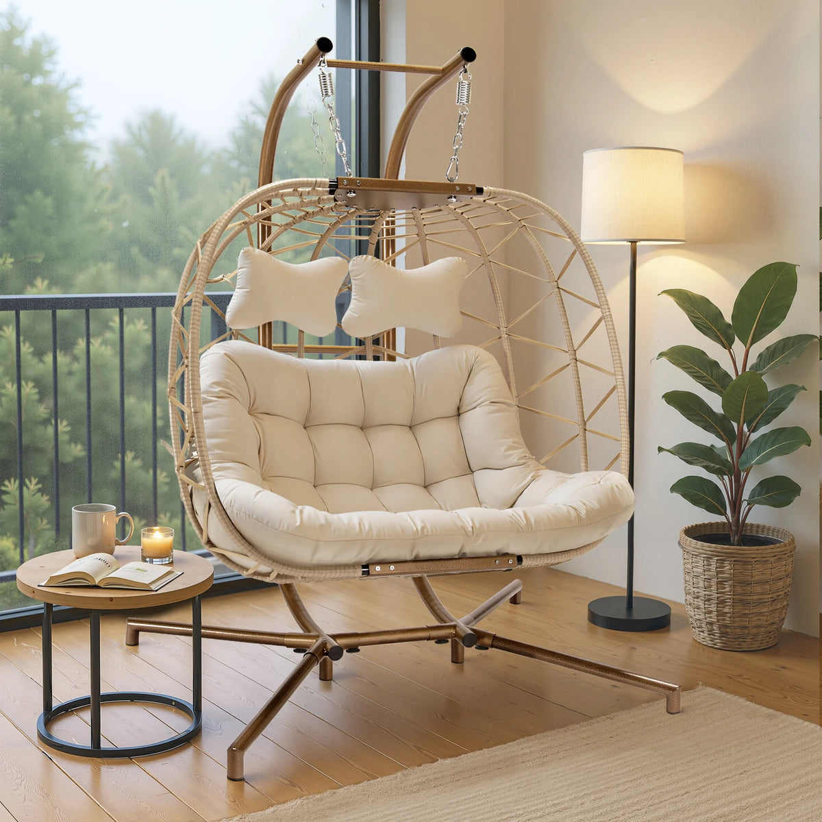 RADIATA Double Wicker Egg Swing Chair with Stand, 2-Person Hanging Egg Chair for Indoor/Outdoor, 700lbs Capacity, Thick Cushions & Headrest,Sturdy Metal Frame��Dark Gray