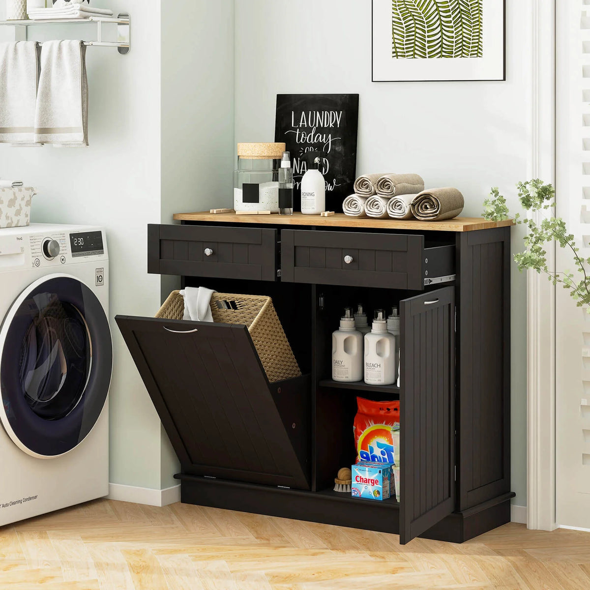 Costway 15.5 Gallon Kitchen Tilt Out Trash Cabinet Rubber Wood Tabletop 2 Drawers Shelf Gray