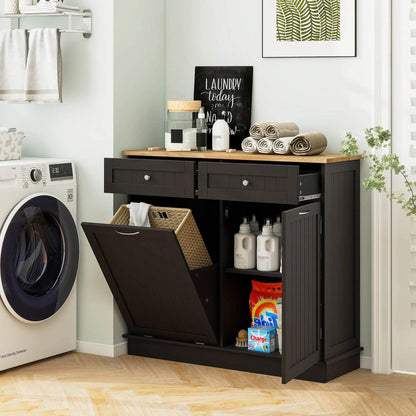 Costway 15.5 Gallon Kitchen Tilt Out Trash Cabinet Rubber Wood Tabletop 2 Drawers Shelf Gray