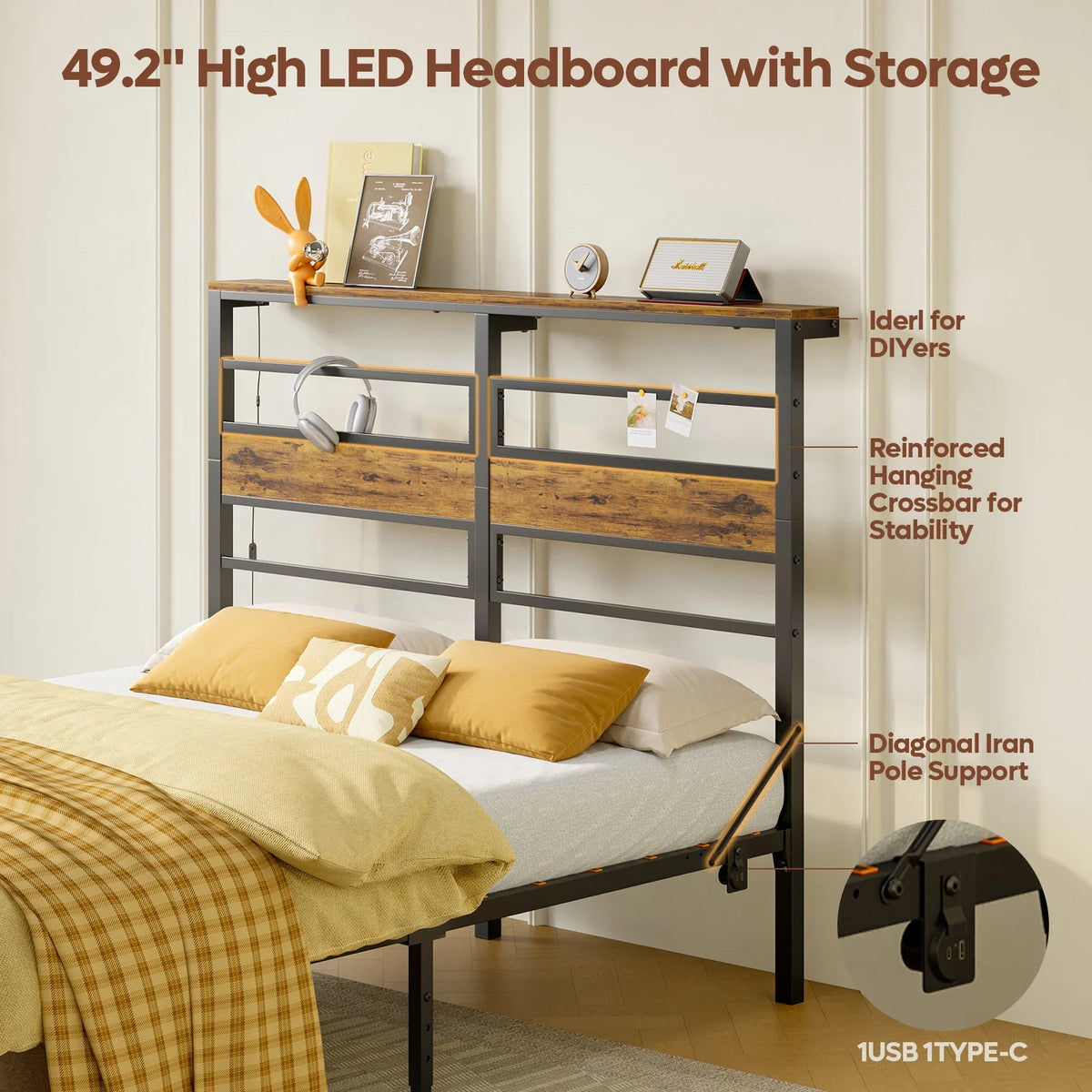 Pinmoco LED Queen Bed Frame with 49.2" High Storage Headboard and 4 Drawers, Adjustable Base Height Metal Platform Bed with Charging Station, Rustic