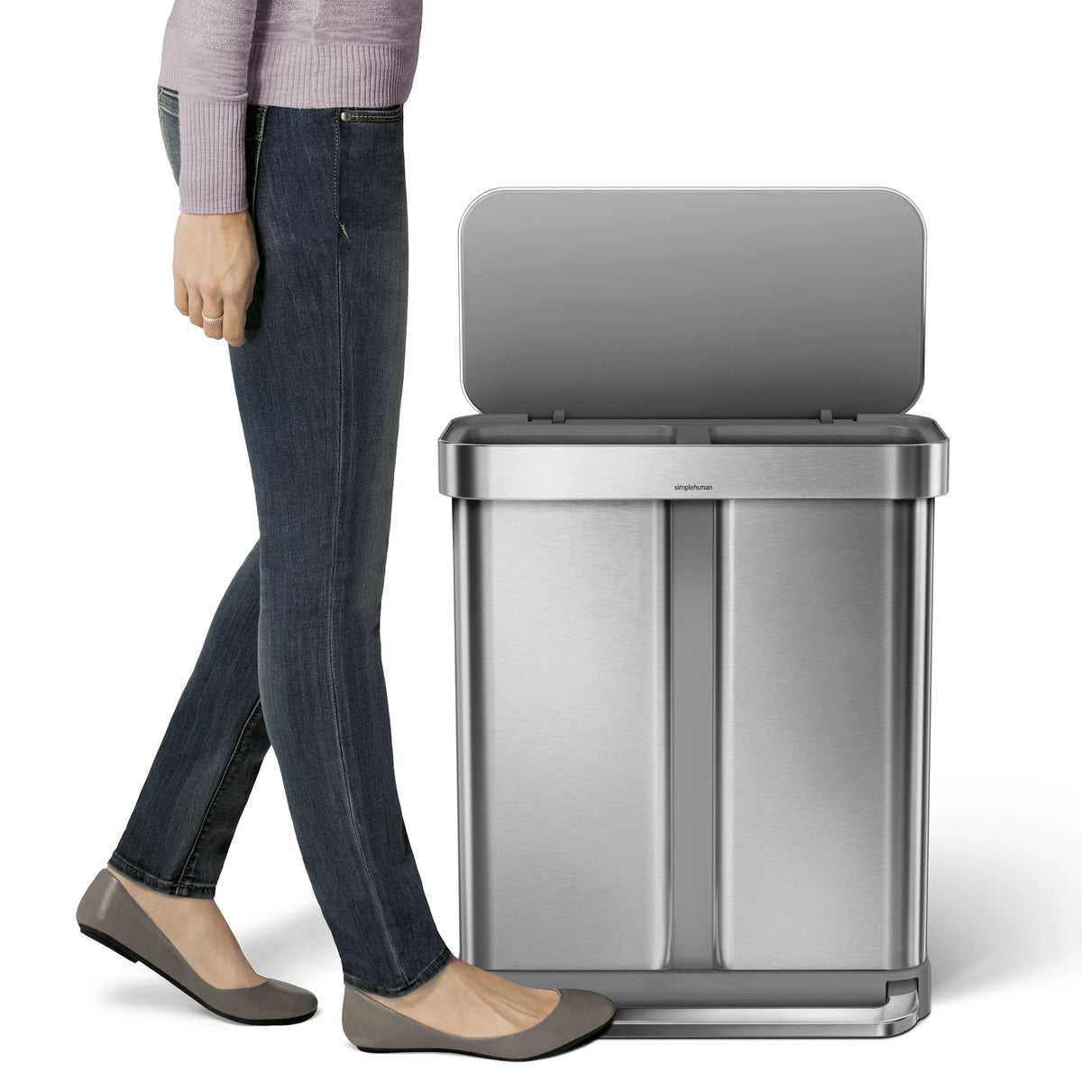 simplehuman 58 Liter / 15.3 Gallon Rectangular Dual Compartment Recycling Step, Brushed Stainless Steel with Soft-Close Plastic Lid Kitchen Trash Can