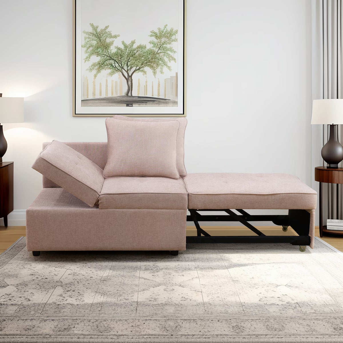 Aukfa 71" Convertible Chaise Futon Pull Out Sofa Chair Bed, Adjustable Backrest, 2 Pillows, Linen, Pink