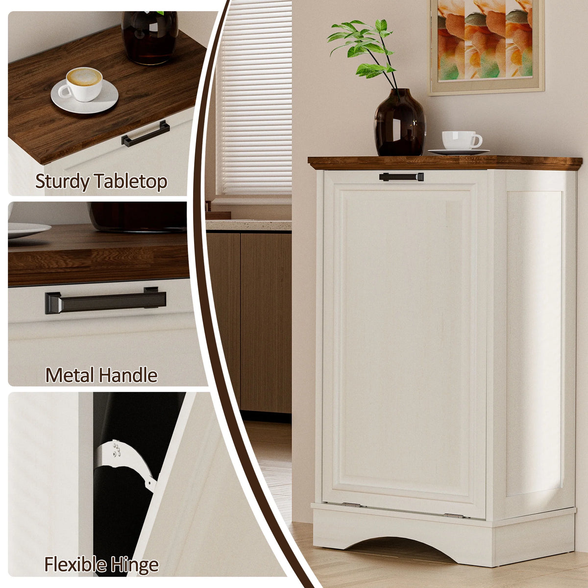 HARIPUL Single Tilt Out Trash Cabinet for 13 Gallon Waste Bin, Free Standing Kitchen Trash Can Cabinet with Drawers, White