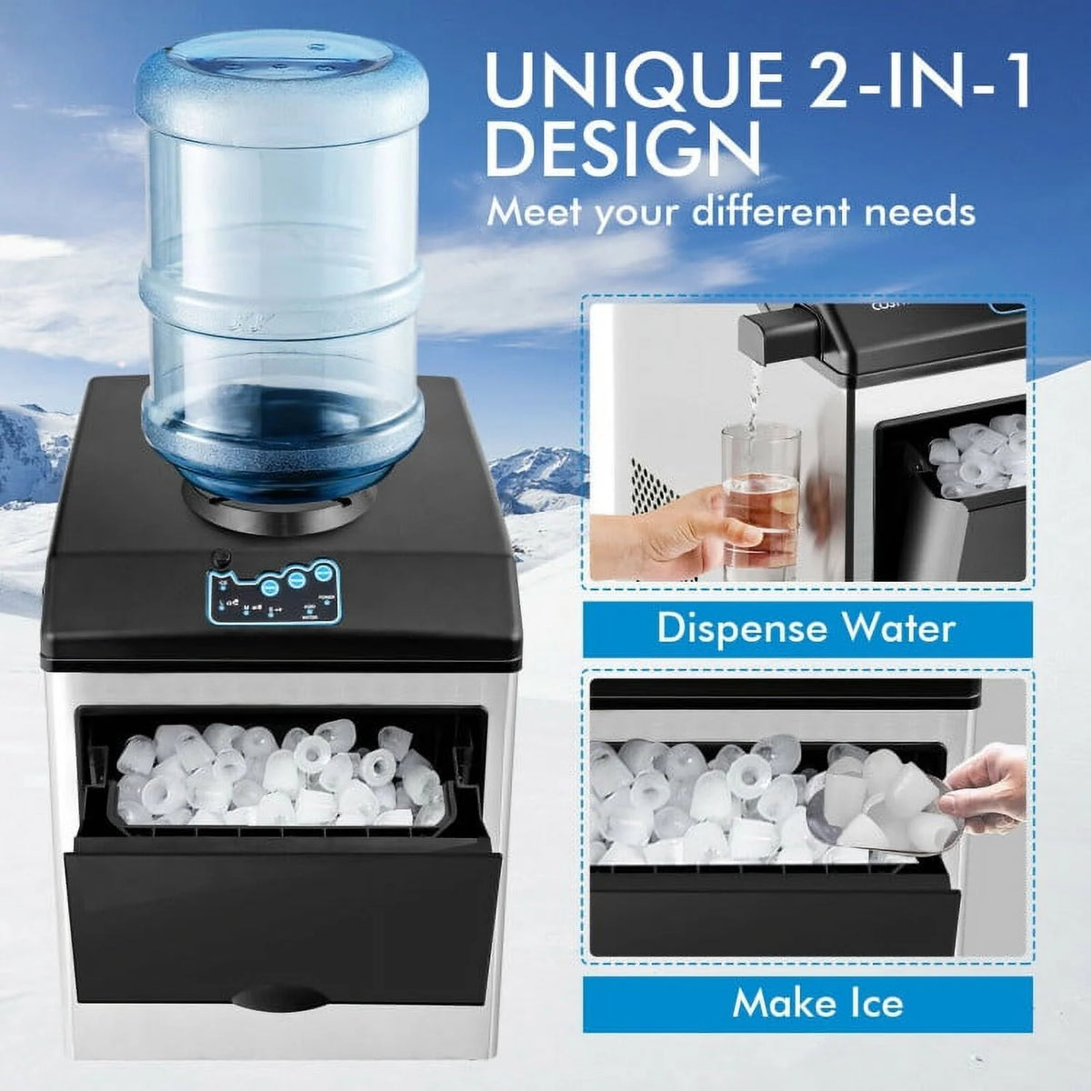 Resenkos 2-in-1 Stainless Steel Countertop Ice Maker with Water Dispenser,Countertop Ice Maker Machine with Handle, Portable Ice Maker with Scoop for Home/Kitchen/Camping/RV