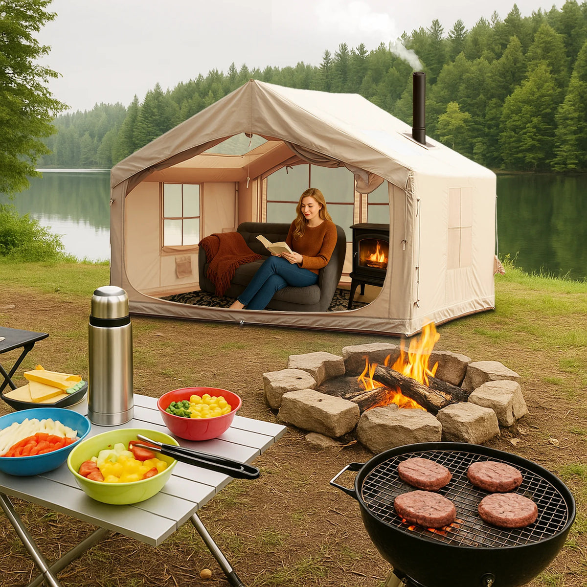 9.8' x 7' Inflatable Camping Tent,4 Season Blow up Tents for Camping, 4-6 Person Inflatable Tent with Stove Jack,Air Tents,Glamping Tent,Waterproof Luxury House with Mesh Window