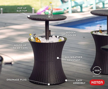 Keter Pacific 7.5 Gallon Cool Bar , Resin Outdoor Patio Beverage Cooler Table, Extra Storage, Rattan Look Brown