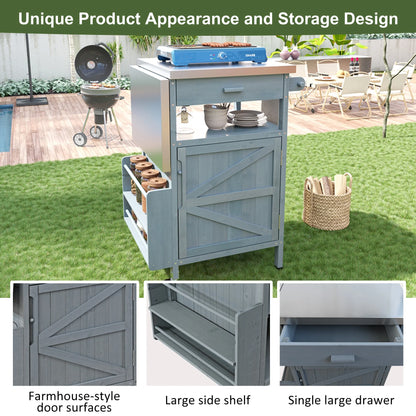 Bellemave Outdoor Serving Cart Kitchen Island Solid Wood Mobile Rolling Bar Cart with Lockable Wheels, Rack and Stainless Steel Top Beverage Storage Counter Table with Cabinet for Patio, Natural