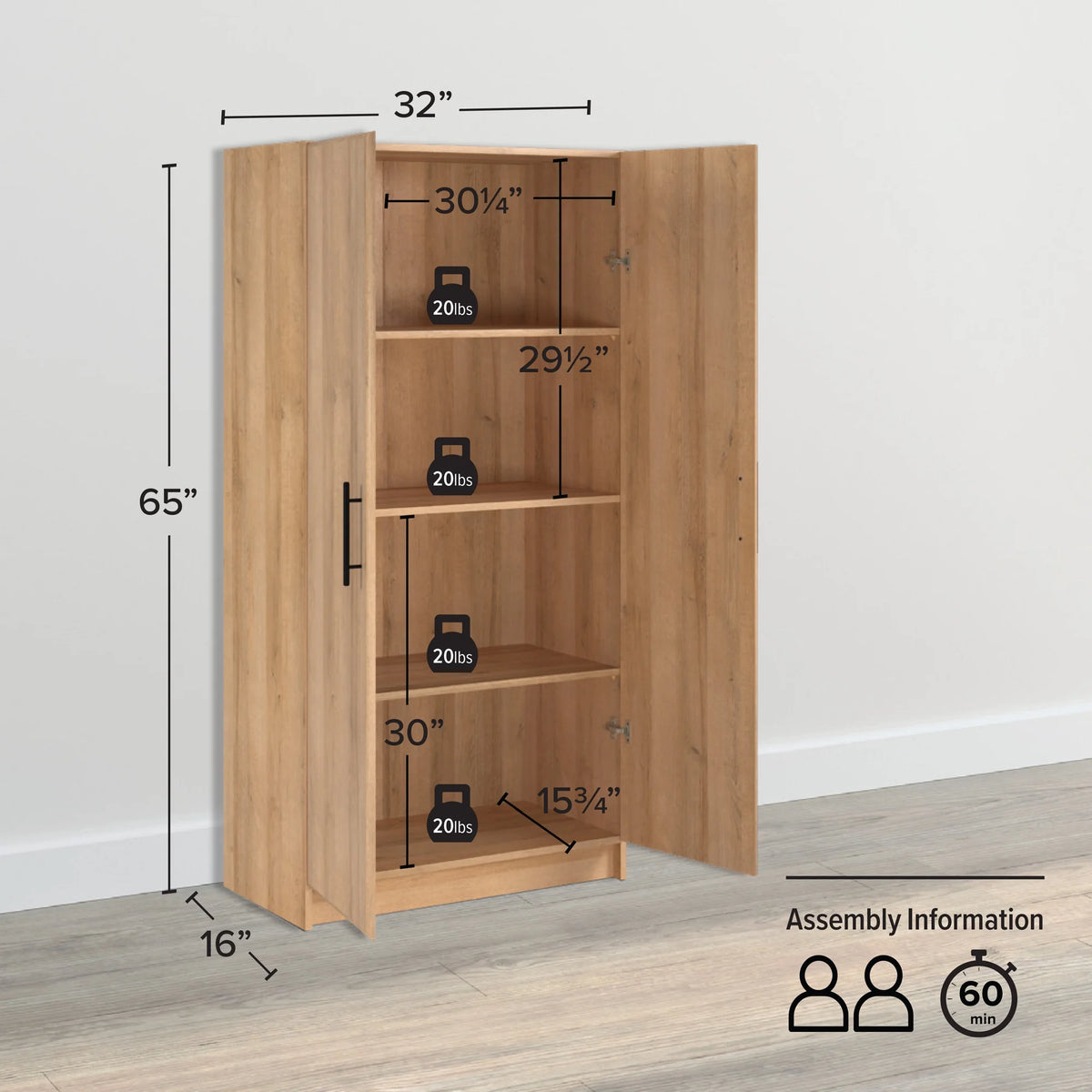 Prepac Elite Tall Garage Storage Cabinet & Pantry Storage Cabinet, 2-Door Freestanding Garage Cabinet with Adjustable Shelves, 16" D x 32" W x 65" H, Oak OES-3264