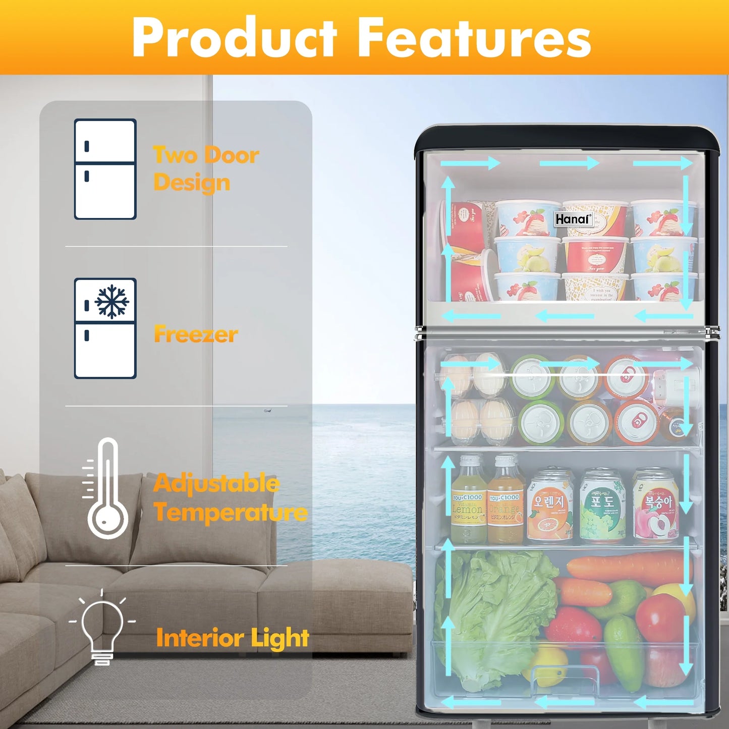 WANAI 3.5 Cu ft Two Door Mini Refrigerator with Freezer,Black