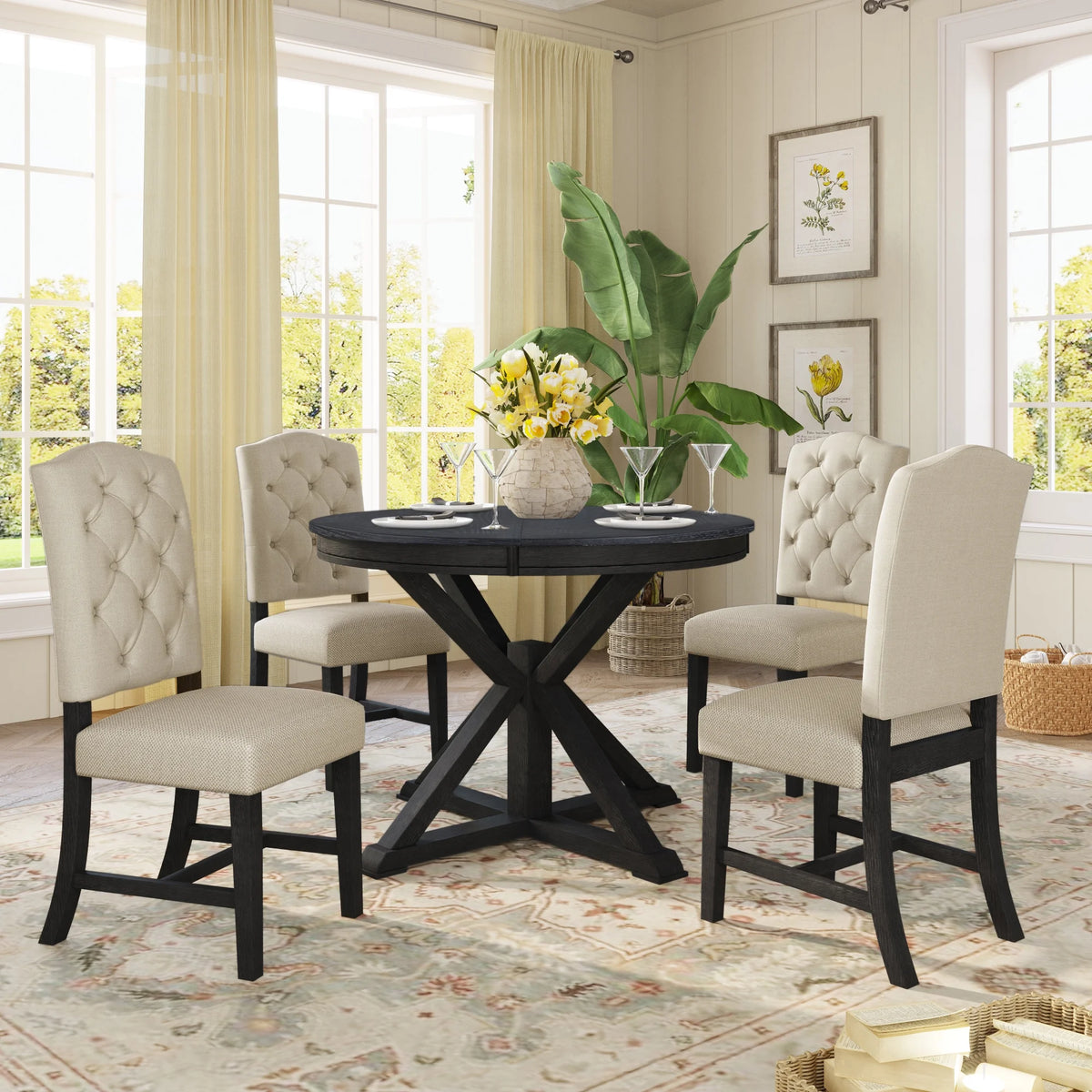 Harper & Bright Designs Round Extendable Dining Table Set for 4, 5 Piece Farmhouse Wood Dining Table Set with 4 Upholstered Dining Chairs, Natural Wood Wash