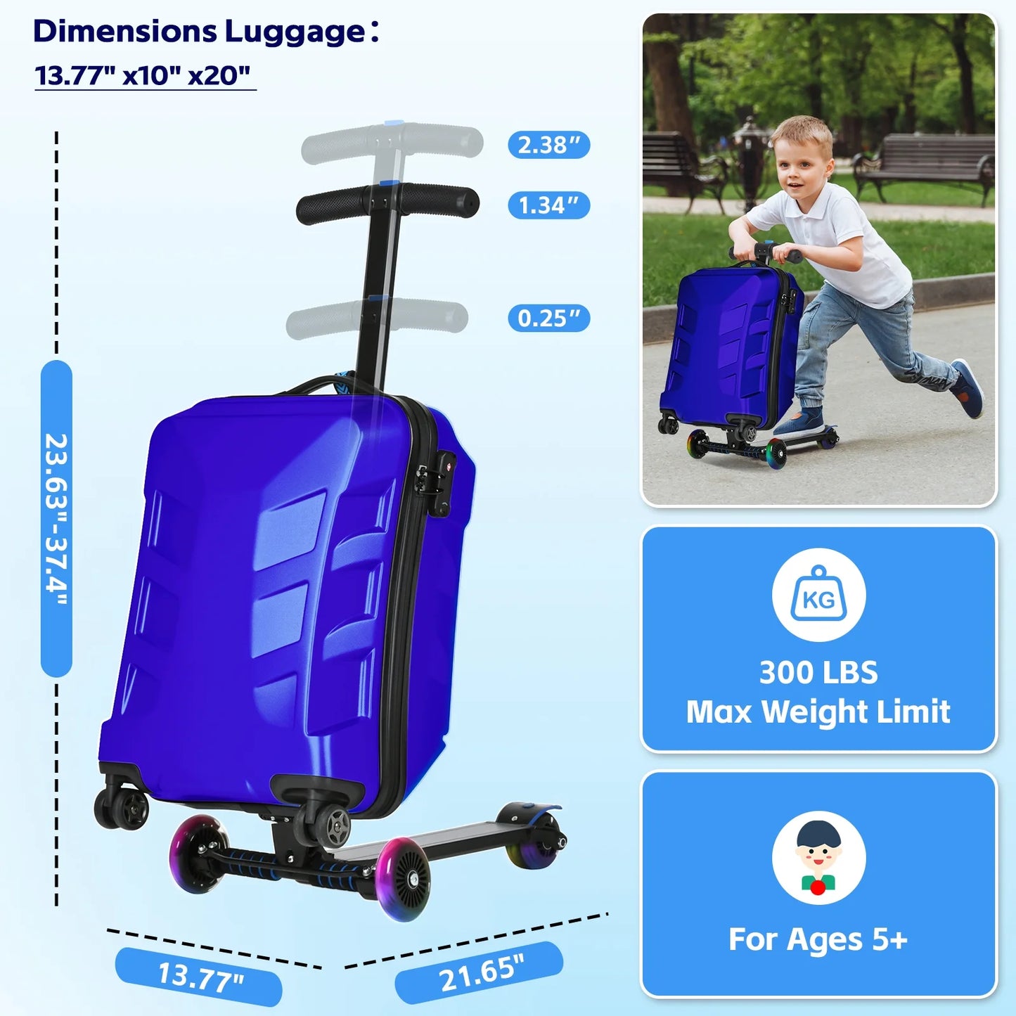 Advwin Scooter Suitcase for Kids & Adults, 3-D Hardshell Ride On Scooter Luggage with LED Light Up Wheels, TSA Lock, Lightweight Foldable Carry On Rideable Suitcase for Children Teenagers, Silver