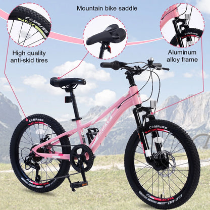 iYofe 20 Inch Kids Mountain Bikes for Girls and Boys, Shimano 7-Speed Mountain Bike, Pink