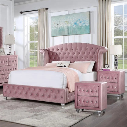 FOA Cyndi 3pc Pink Fabric Bedroom Set- Full + 2 Nightstands and Care Kit