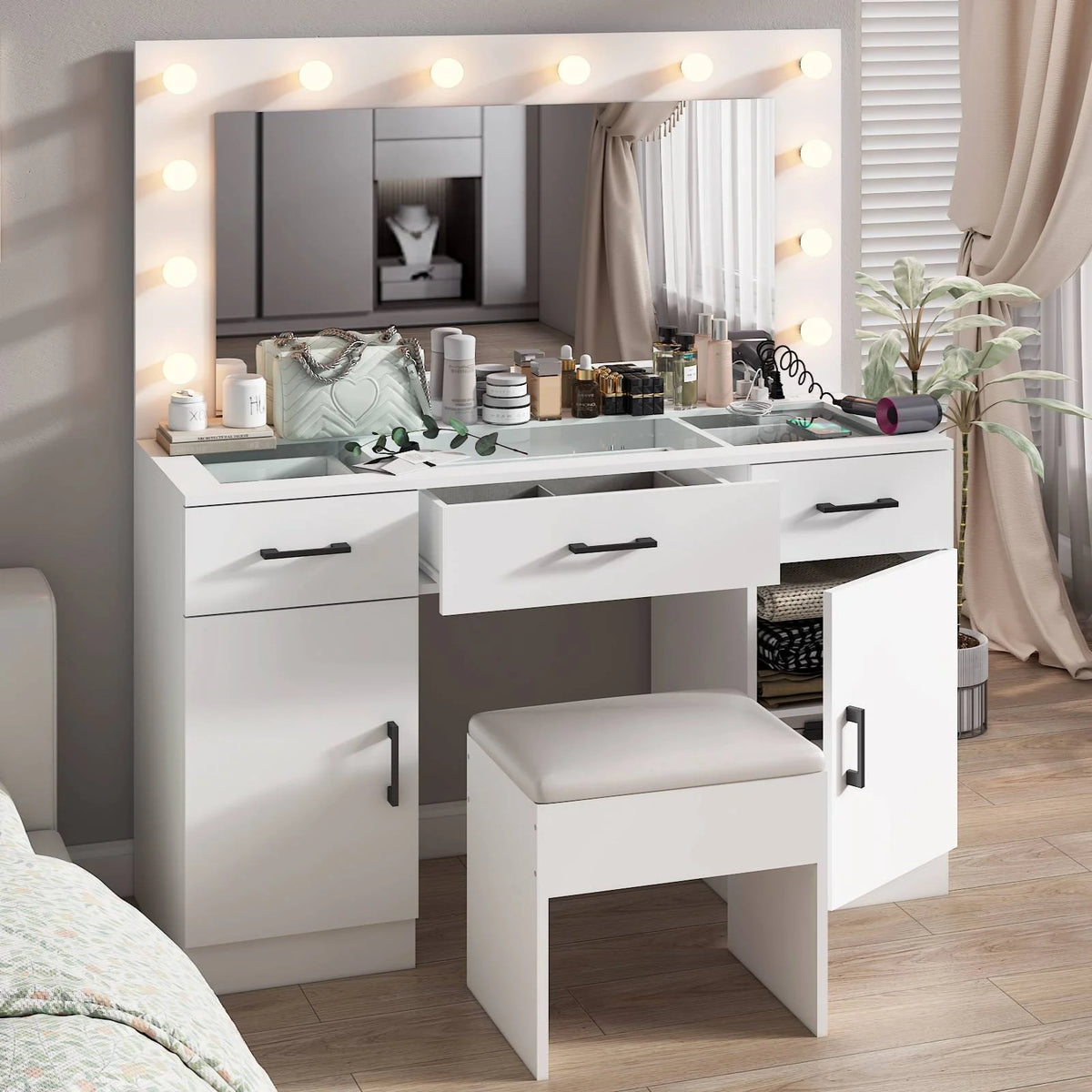 Ktaxon Large Makeup Vanity, Vanity Table Set w/ Visible Glass Top w/ Charging Station, White