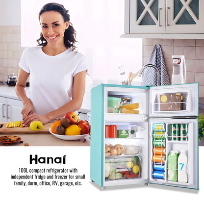 3.5 Cu.ft Compact Refrigerator WANAI Dual Doors Handles Mini Fridge with Top Freezer Blue New