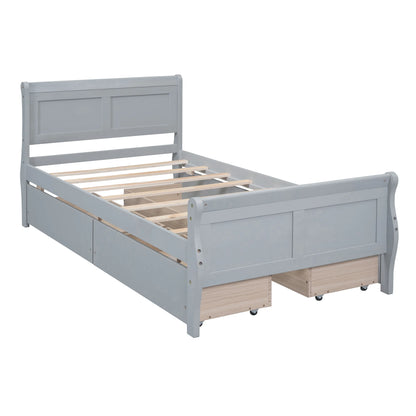 Full Size Wood Platform Bed with 4 Drawers,Storage Bed Frame with Streamlined Headboard and Footboard for Kids, Teens, Boys, Girls,Wooden Slats Support, No Box Spring Needed,Oak