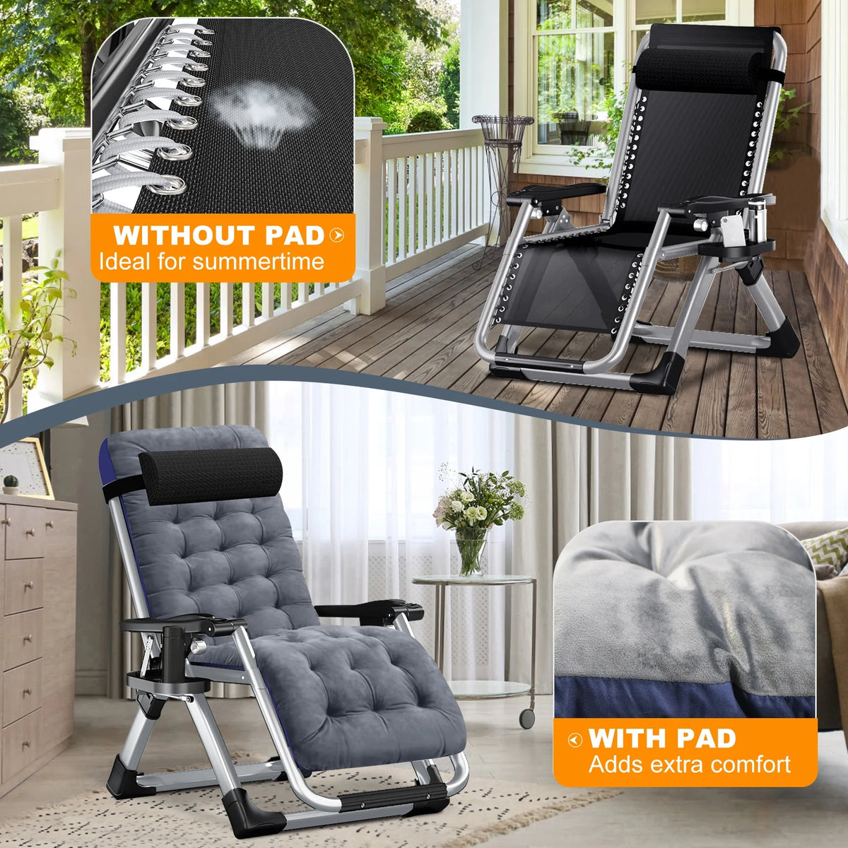 NAIZEA Zero Gravity Chair with Removable Cushion and Cup Holder Black