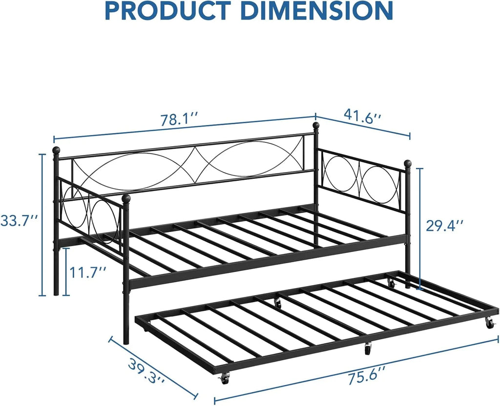 Senfot Twin Daybed with Trundle, Pull Out Trundle Day Bed, Twin Mattress Foundation with Metal Slats, Modern Sofa Bed for Living Room, Bedroom, and Guest Room, Black