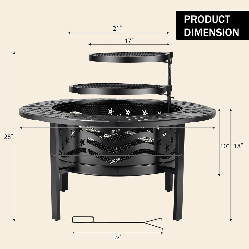 TrumanPick Fire Pit for Outside 42" Wood Burning Fire Pit Tables with 2 Adjustable Swivel BBQ Grills, Lid, Poker for Patio Backyard BBQ Ice Storage