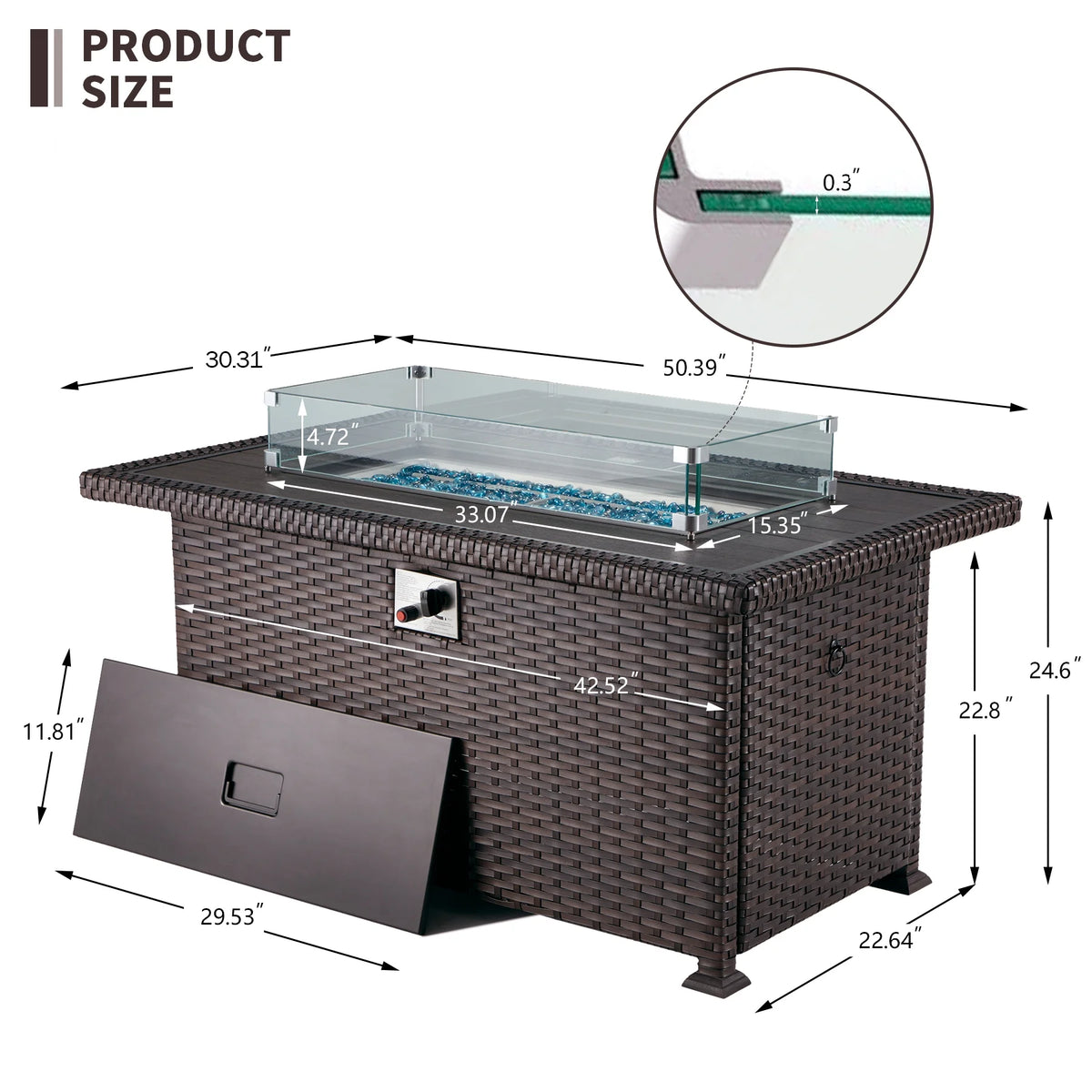 HOMREST Propane Fire Pit Table, 44 Inch 50,000 BTU Auto-Ignition Gas Fire Pit Table Rectangular /w Glass Wind Guard, Wood Plastic Composites Tabletop, CSA Certification Firepit for Outdoor Patio Lawn