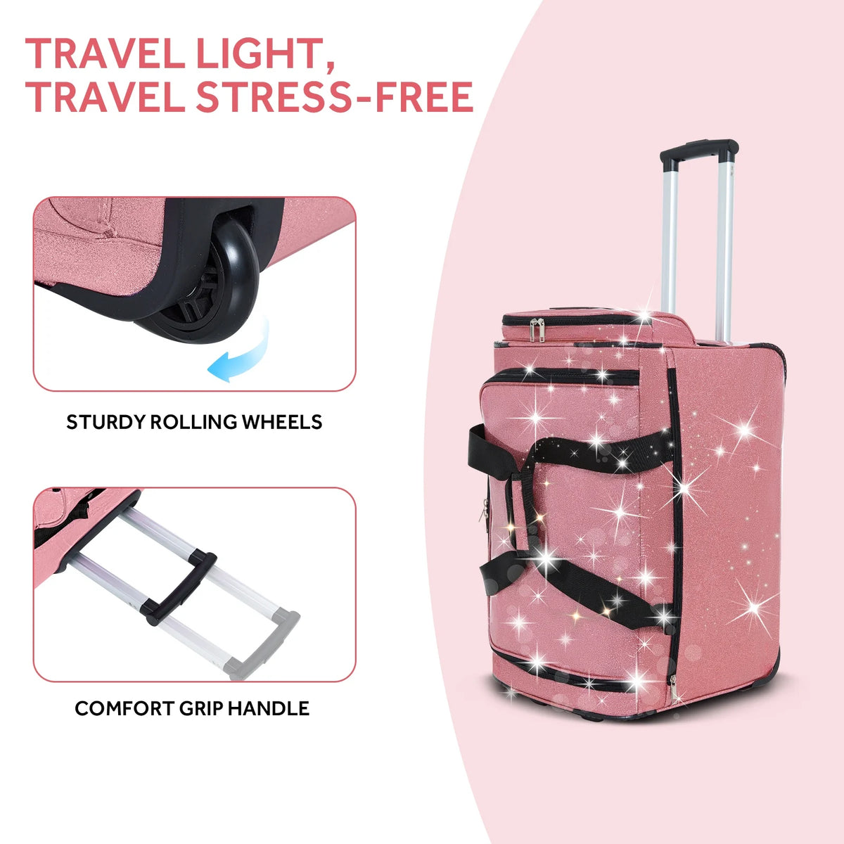 Fegat Dance Bag with Garment Rack,23"Glitter Bright Rolling Dance Duffel Bag Lightweight Competition Bag Costume Suitcase for Dancers Performer Artist, Shine Glitter Purple