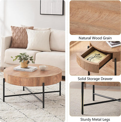 Round Coffee Table with Drawers Circle Living Room Table Wood Accent Coffee Table with Storage White Center Table (Natural)