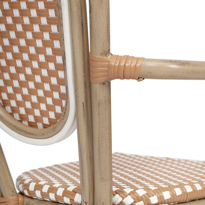 Merrick Lane Stacking Thonet French Bistro Style Chair with Arms, Black & White PE Rattan Seat, and Bamboo Finished Metal Frame for Indoor/Outdoor Use