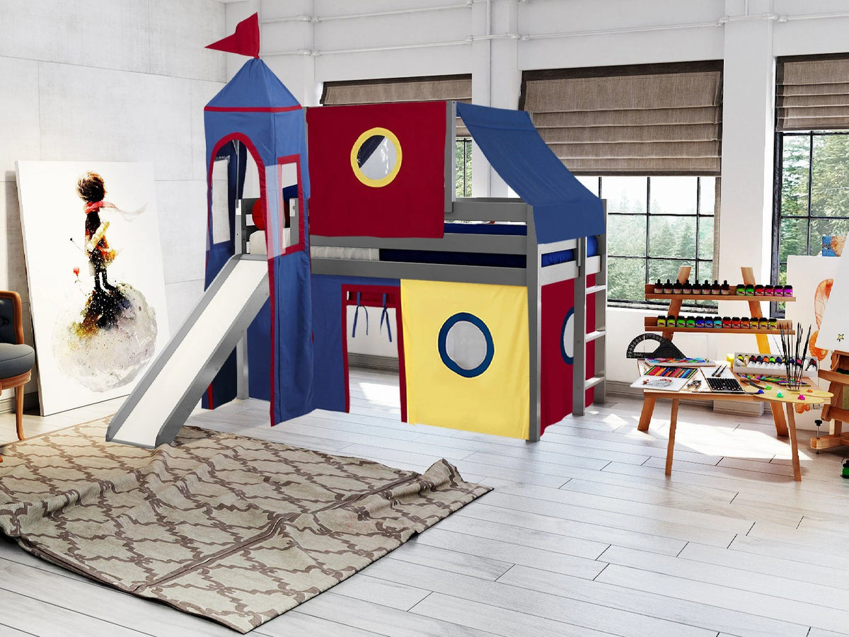 JACKPOT! Castle Low Loft Bed with Slide, Red Yellow and Blue Tent and Tower, Twin, Cherry
