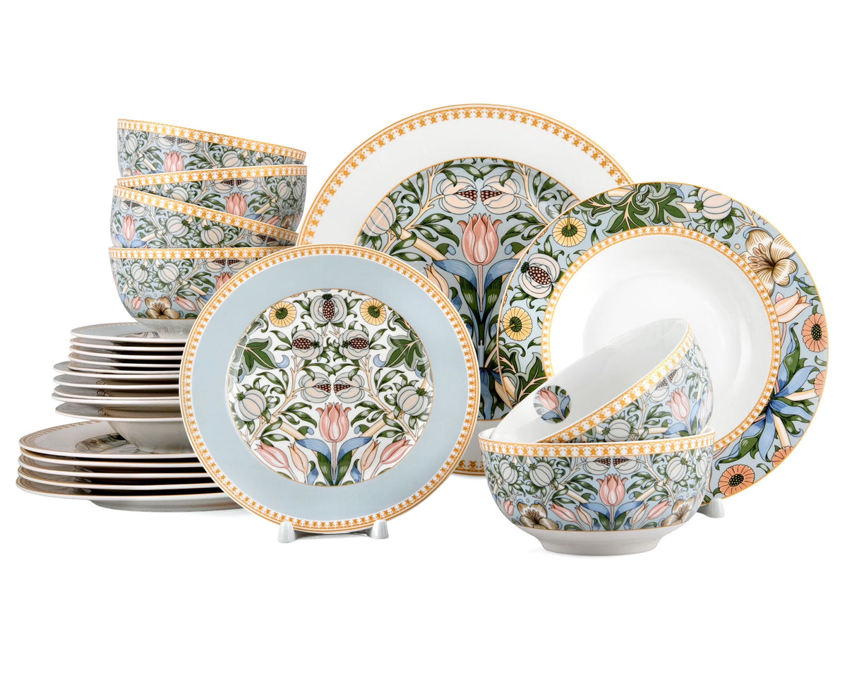 STP GOODS Melodie de Fleurs Bone China Dinnerware Set of 24 Service for 6 24-Piece Dish Set of Plates and Bowls, Blue Gold White