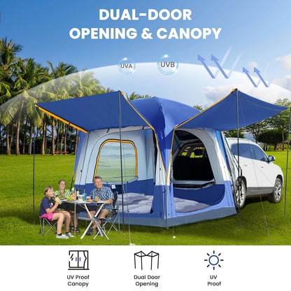 MOPHOTO SUV Tents for Camping 4 People, PU 3000mm Waterproof SUV Tent Attachment Tailgate Tent for Car Jeep Van, Spacious Space 8.2'L x 8.2'W x 7.2'H with 2 Awnings & Double Door