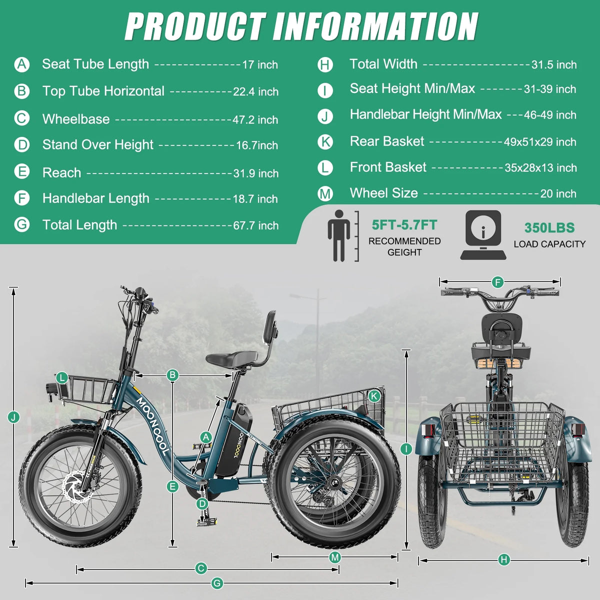 20" x 4" Fat Tire Electric Tricycle for Adult, 7 Speeds Electric Trike 48V 500W Motorized Tricycle , Electric Three Wheels Bicycle for Senior, Aluminum Frame & Rear Basket ,16mph