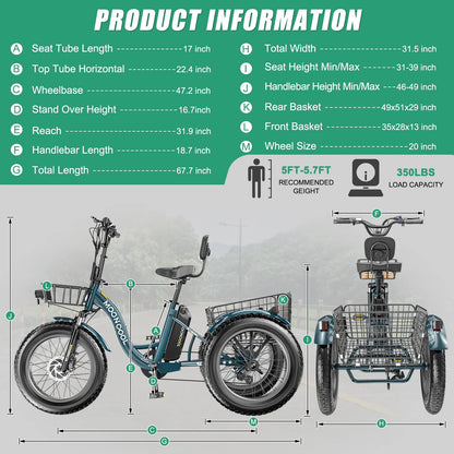 20" x 4" Fat Tire Electric Tricycle for Adult, 7 Speeds Electric Trike 48V 500W Motorized Tricycle , Electric Three Wheels Bicycle for Senior, Aluminum Frame & Rear Basket ,16mph