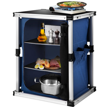 Camping Kitchen Station, Aluminum Portable Folding Cook Table with 3-Tier Storage Organizer, Side Pocket and Carrying Bag, for Outdoor BBQ Party Backyards and Tailgating, Blue