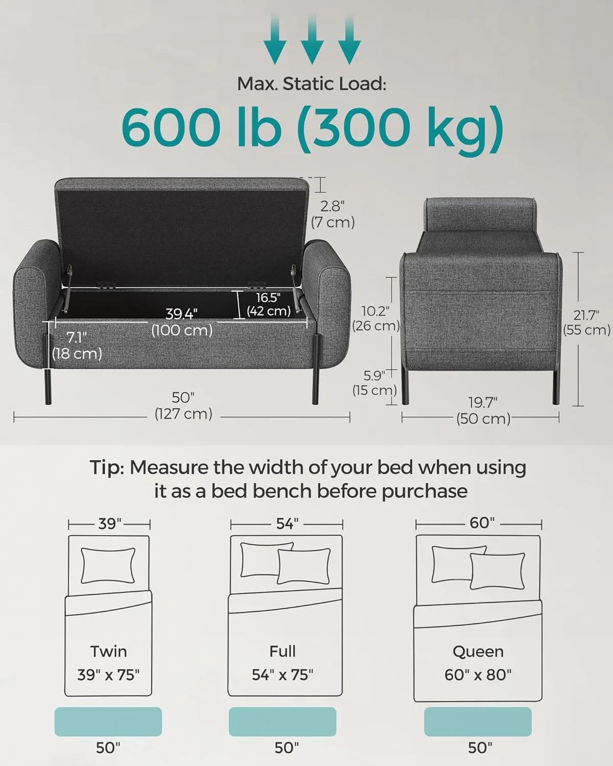 SONGMICS 46.5" Storage Ottoman Bench Storage Bench Bedroom Bench 330lb Load Capacity Solid Wood Legs Light Gray