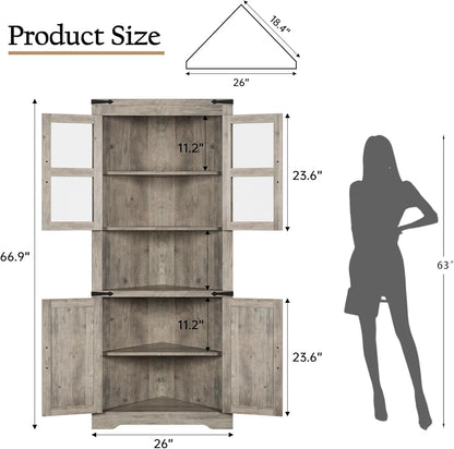 67" Tall Corner Storage Cabinet with Lights, Farmhouse Corner Hutch Display Cabinet with Glass Doors, Wooden Storage Organizer for Kitchen, Living Room, Bathroom, Washed Grey