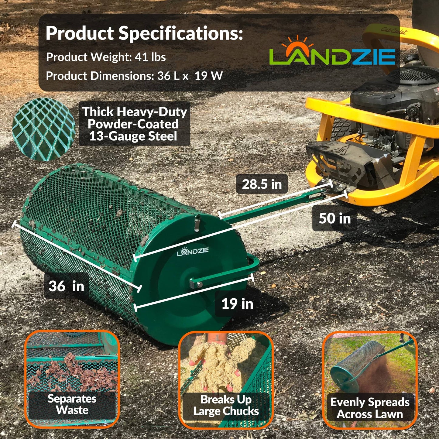 Landzie Compost Spreader 24 Inch Walk-Behind Lawn & Garden Spreader with Metal Mesh Basket