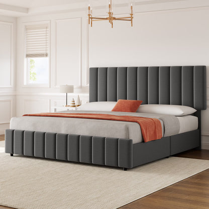 Full Size Bed Frame with 4 Storage Drawers and Adjustable Headboard, Linen Upholstered Platform Bed Frame with Wooden Slats Support, No Box Spring Needed, Dark Grey
