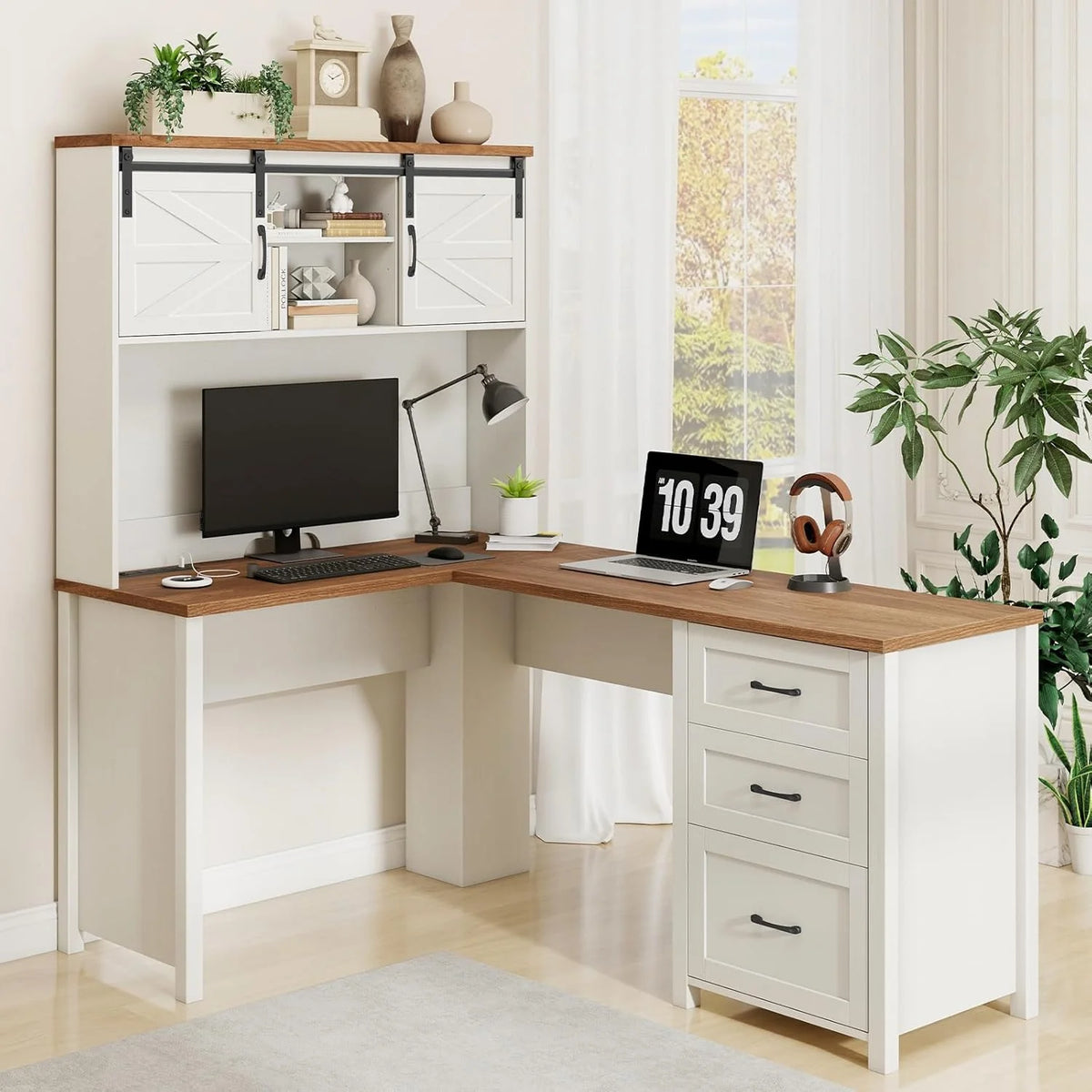 Vabches 68" H L Shaped Desk and Hutch with Storage, Office Desk with Drawers, Charging Station, Sliding Doors, Unique White