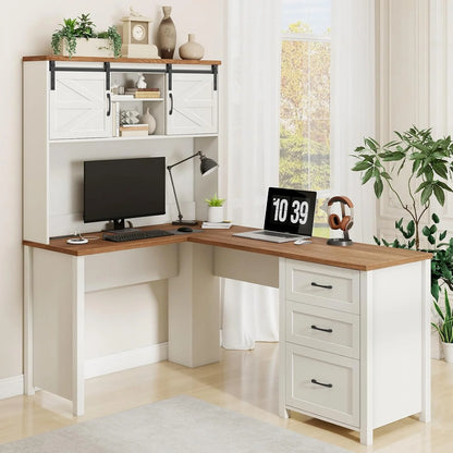 Vabches 68" H L Shaped Desk and Hutch with Storage, Office Desk with Drawers, Charging Station, Sliding Doors, Unique White