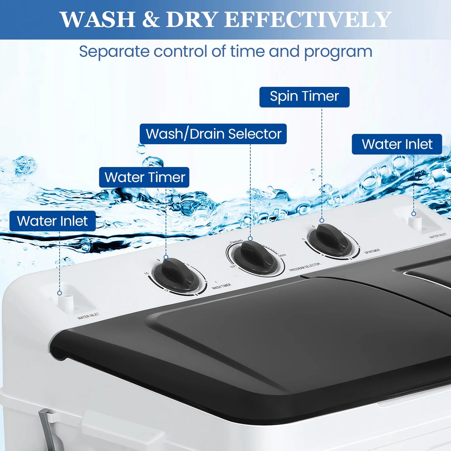 Veeboto Portable Washing Machine, 30LBS Twin Tub Mini Compact Laundry 19lbs Washer/11lbs Spinner with Drain Pump & Time Control Washer Spinner Combo, White