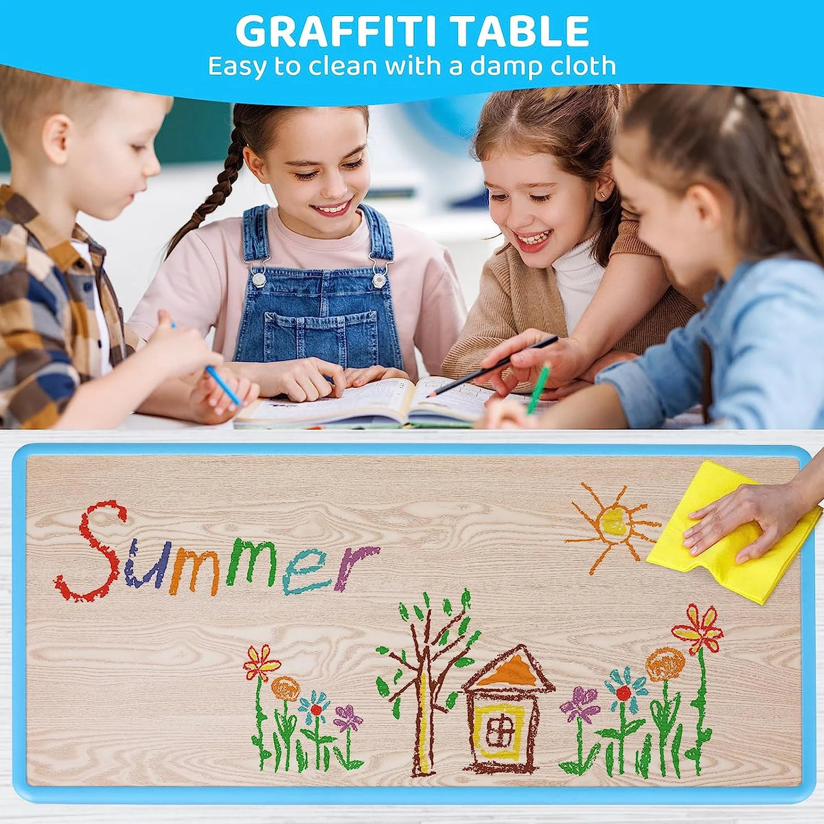 Arlopu Adjustable Kids Table and 6 Chairs Set, Toddler Play Activity Table Set with Graffiti Tabletop, Preschool Kids Furniture Table Set for Reading, Drawing, Eating