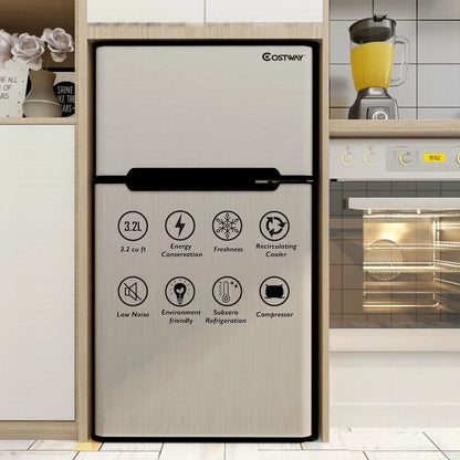 Costway Refrigerator Small Freezer Cooler Fridge Compact 3.2 cu ft. Unit, Grey