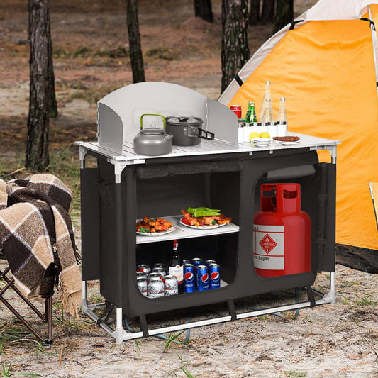 Camping Kitchen Table, Camping Grill Table w/Windscreen & Storage Organizer, Outdoor Kitchen Cook Station with Basin for BBQ, Party, Picnics, Backyards, BBQ Table
