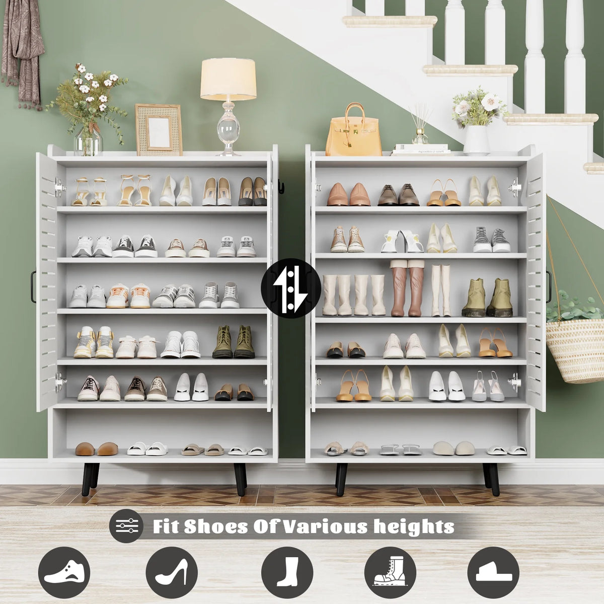 Shoe Cabinet with Doors,7-Tier Modern Shoe Storage Cabinet with Adjustable Shelves,50" Large Wooden Shoe Cabinet Storage for Entryway Front Door Hallway Living Room,White