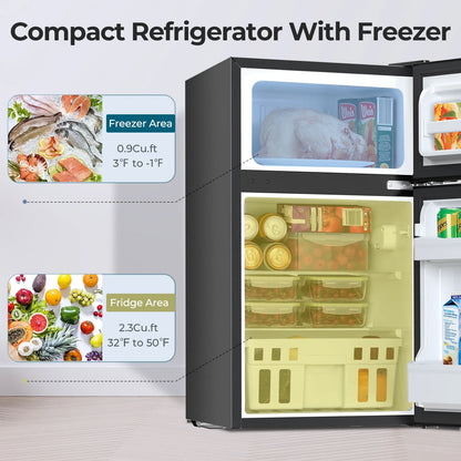 WAA Compact Refrigerator,3.2 Cu.Ft. Mini Separate Freezer Double 2-Door,Adjustable Removable Shelves for Basement, Apartment, Dorm, Office, Black