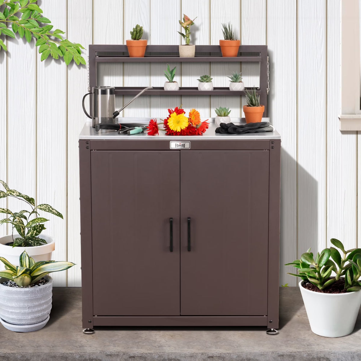 Feasto Garden Potting Bench with Storage Cabinet,Outdoor Gardening Table & Work Bench for Horticulture,Black