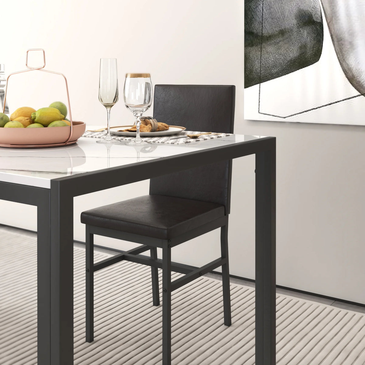 5 Piece Dining Set, Modern Dining Table and Chairs Set for 4, Counter Height Bar Table Set, Modern Pub Table with 4 Velvet Fabric Cushioned Stools, Faux Marble Dining Table & Stools Set, D9297